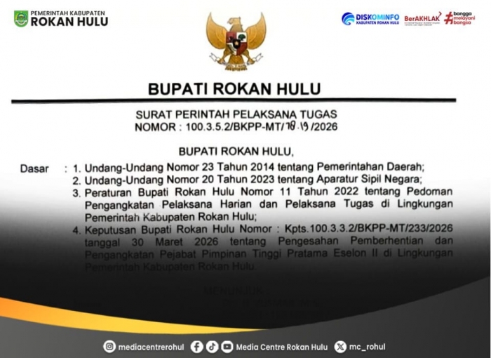 Resmi! Bupati Anton Tunjuk Yusmar Jadi Plt Sekda Rokan Hulu hingga Juni 2026